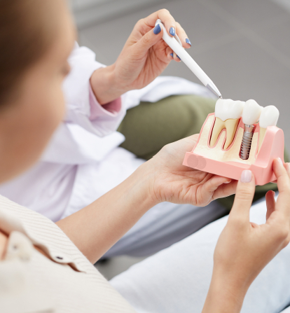 Dentist showing a patient a model of a dental implant